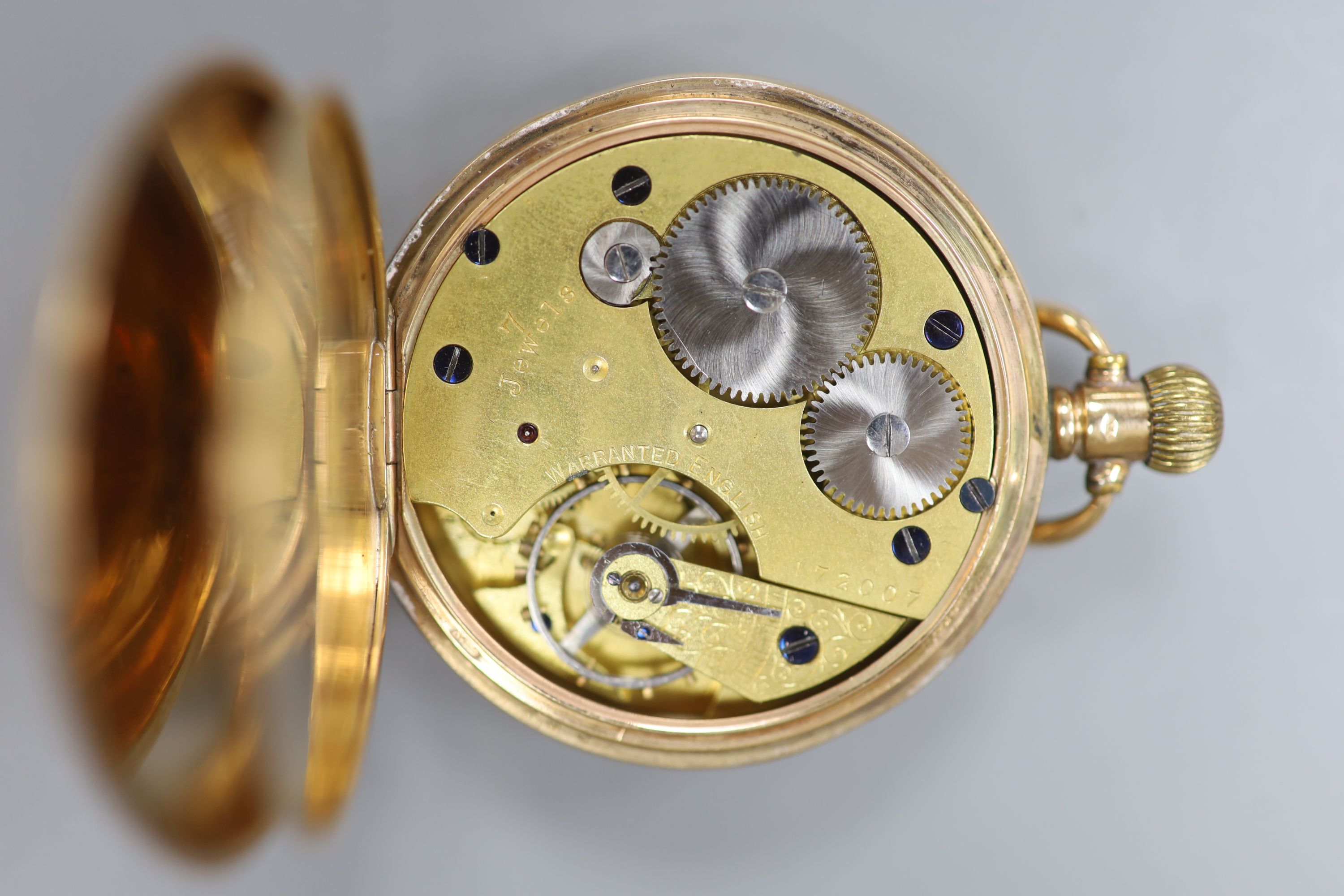 A George V 9ct gold open face keyless lever pocket watch, retailed by T. Ching, Dover, case diameter 48mm, gross 74 grams.